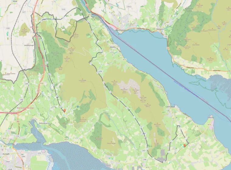 Route map of Long Course Bike 1, 36k from Carlingford over the Cooley Peninsula