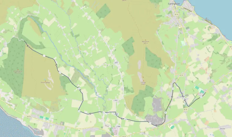 Route map of Long Course Bike 3, the 11k run-in back to Carlingford