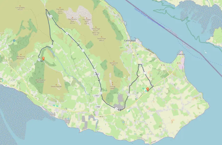 Route map of Short Course Bike 1, 19k from Carlingford