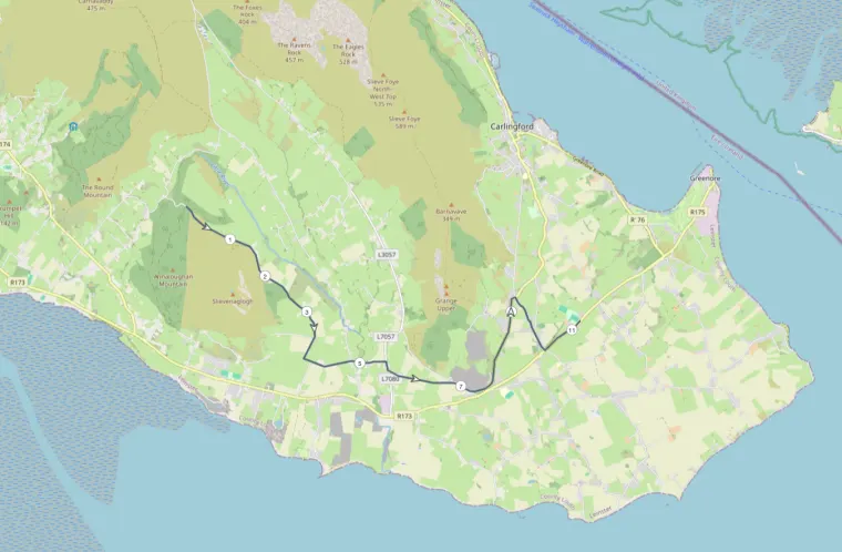 Route map of Short Course Bike 2, the 11k run-in back to Carlingford
